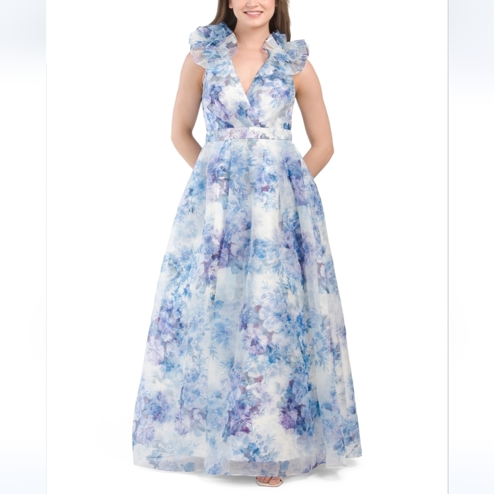 Julia Jordan Ruffle Shoulder Floral Organza overlay Gown